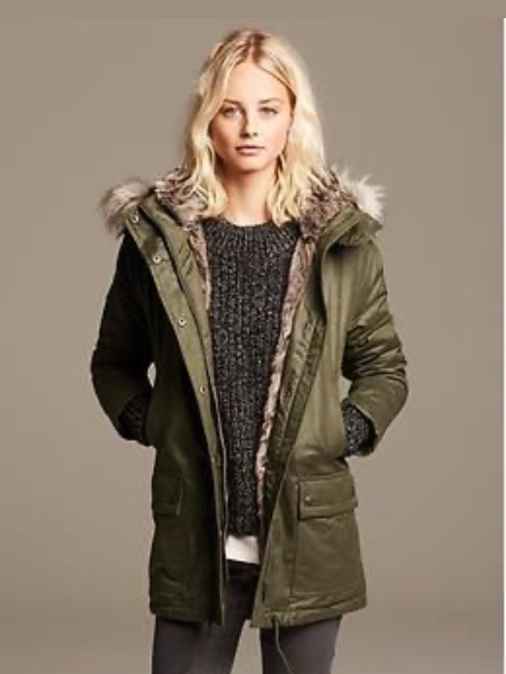 Banana Republic Women's Olive Green Faux-Fur Trim Utility Parka Jacket XS